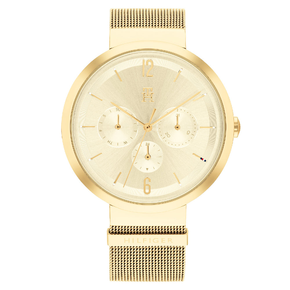 Tommy Hilfiger Blake chronograph watch at angle showing gold bracelet and dial