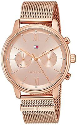 Tommy Hilfiger Blake watch at angle showing rose gold mesh band and champagne dial