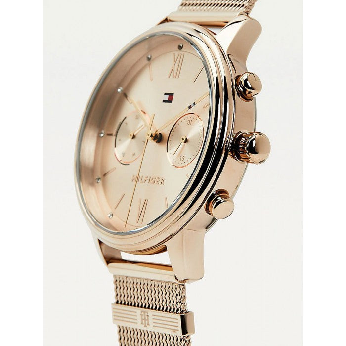 Tommy Hilfiger Blake womens watch side view with mesh strap and chronograph pushers
