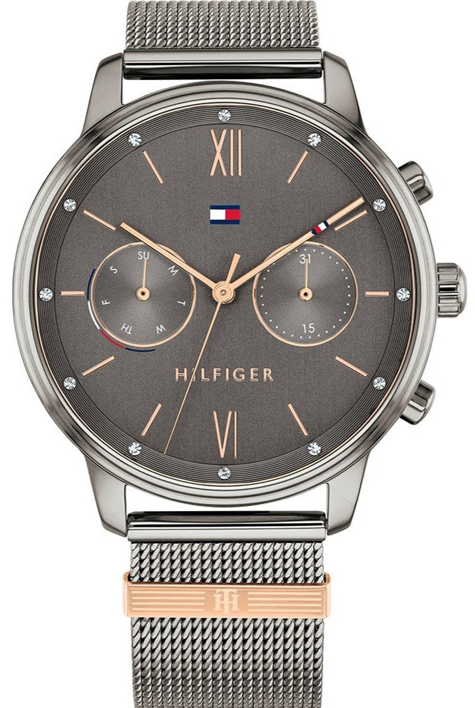 Tommy Hilfiger Blake women's watch with grey dial, rose gold hands, and stainless steel mesh strap