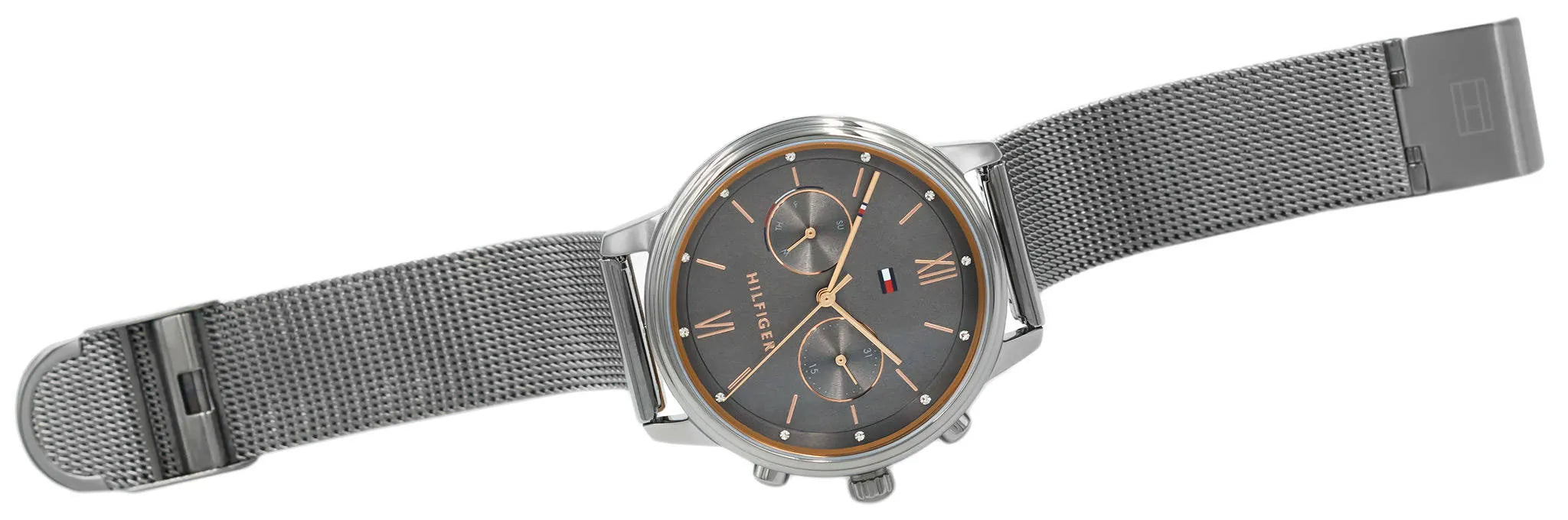 Tommy Hilfiger Blake watch strap showing stainless steel mesh with rose gold accent band