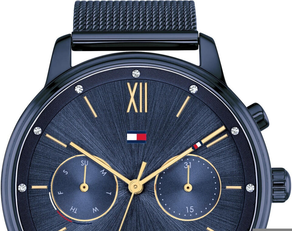 Close-up of Tommy Hilfiger Blake dial showing blue sunburst finish, Roman numerals and chronograph subdials
