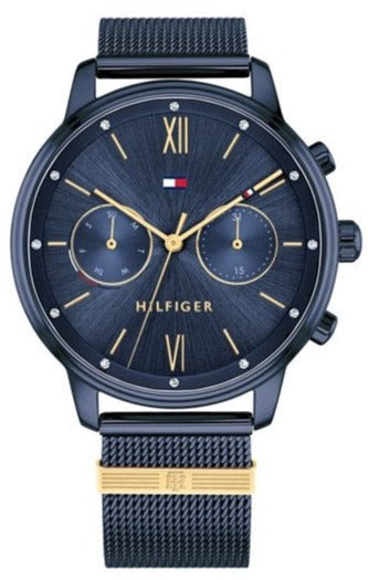 Tommy Hilfiger Blake watch with blue dial, Roman numerals, chronograph subdials and blue mesh bracelet