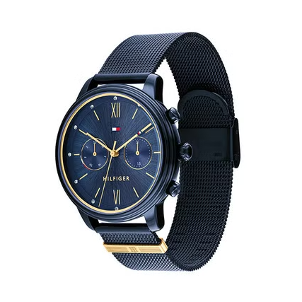 Side view of Tommy Hilfiger Blake watch on wrist showing blue mesh band detail