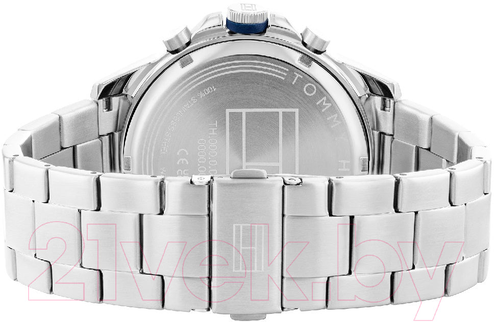 Tommy Hilfiger Blaze chronograph watch back view with stainless steel bracelet