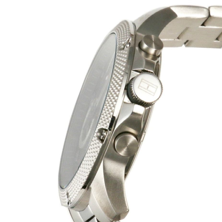 Side profile of Tommy Hilfiger Blaze watch showing bezel, crown, and chronograph pushers