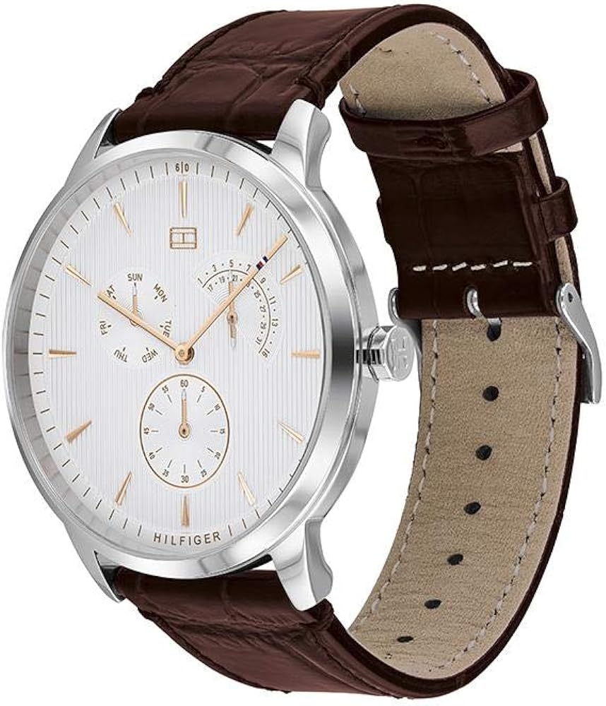Tommy Hilfiger Brad chronograph watch angled view showing brown leather strap and beige suede lining