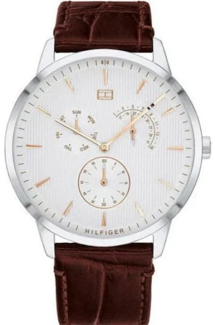 Tommy Hilfiger Brad chronograph watch with white dial, rose gold hands, and brown leather strap