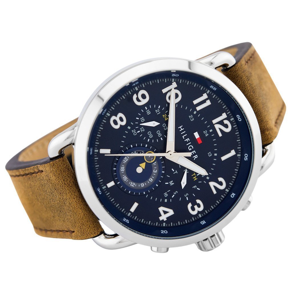 Side view of Tommy Hilfiger Briggs chronograph with tan leather strap and subdial detail