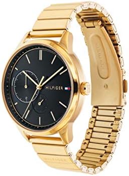 Tommy Hilfiger Brooke watch at angle showing gold steel strap and black dial