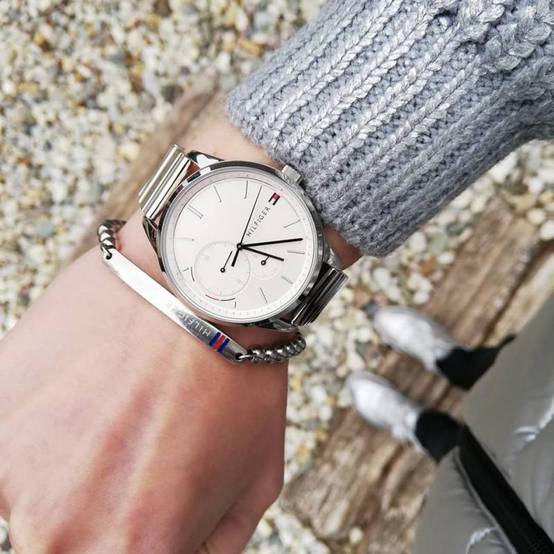 Tommy Hilfiger Brooklyn watch with pink dial worn on wrist