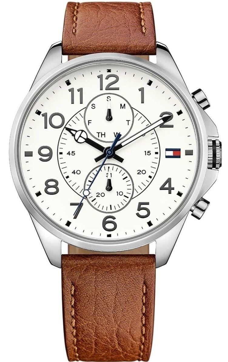 Tommy Hilfiger chronograph watch with brown leather strap and white dial