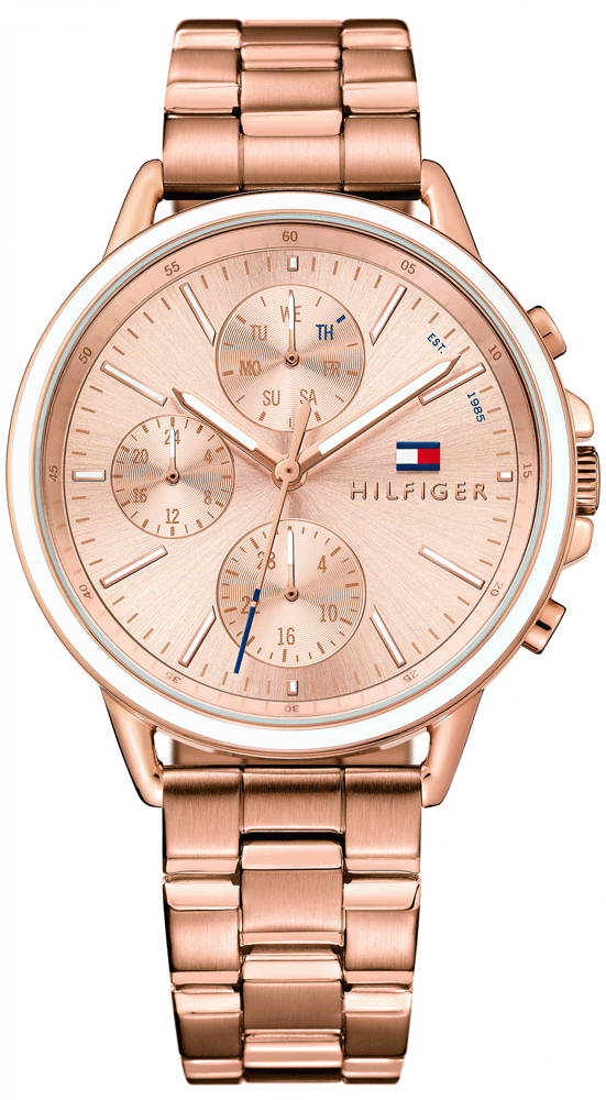 Tommy Hilfiger Carly women's watch with rose gold chronograph dial and matching rose gold steel strap