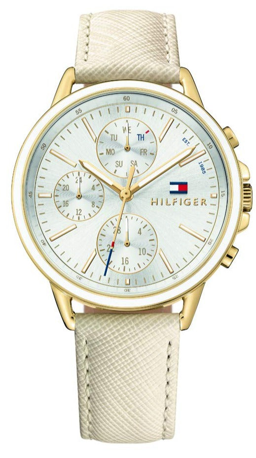 Tommy Hilfiger Carly silver dial watch with cream leather strap and gold-tone case