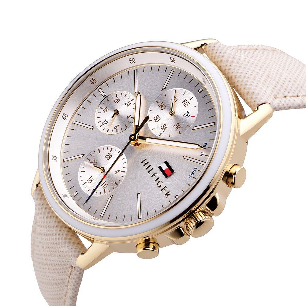Tommy Hilfiger Carly women's chronograph watch worn on wrist with cream leather strap