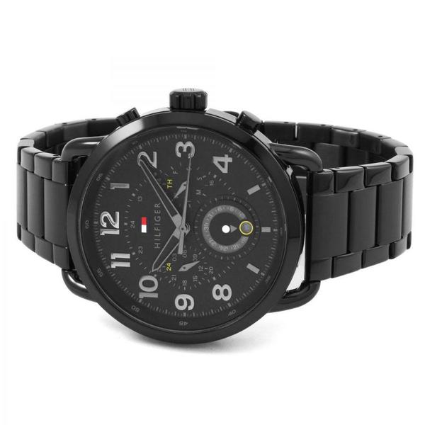 Tommy Hilfiger chronograph watch displayed at angle with black case and steel bracelet