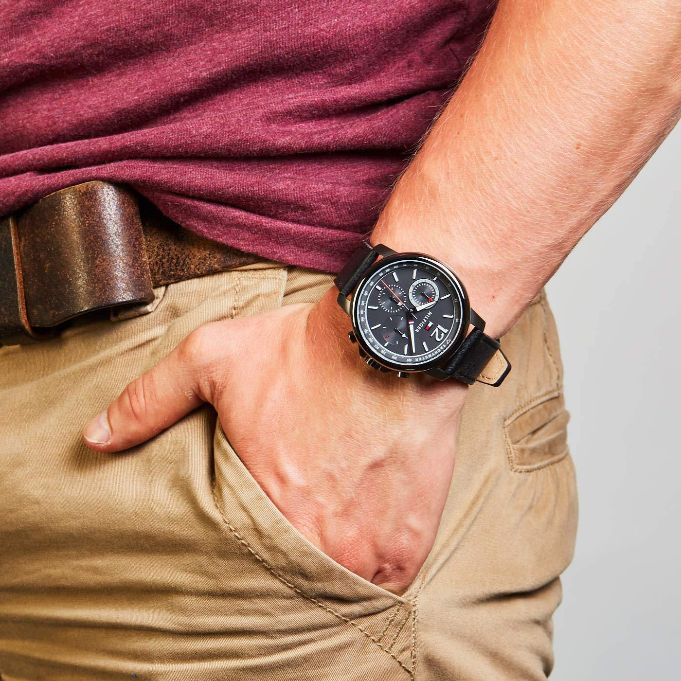 Tommy Hilfiger chronograph watch on wrist worn with casual clothing