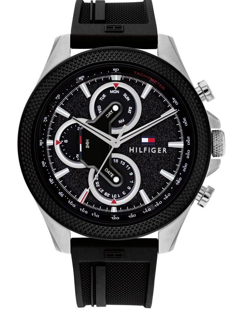 Tommy Hilfiger Clark chronograph watch with black dial, silver case, and black rubber strap