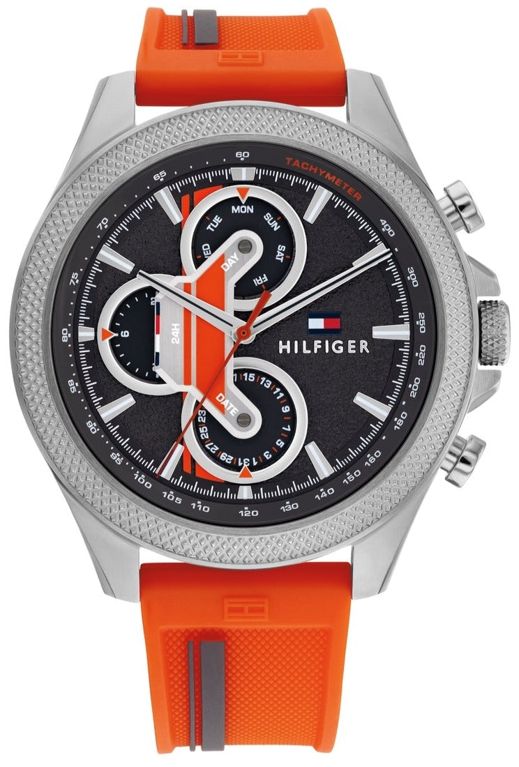 Tommy Hilfiger Clark chronograph watch with silver case, black dial, orange accents and orange rubber strap