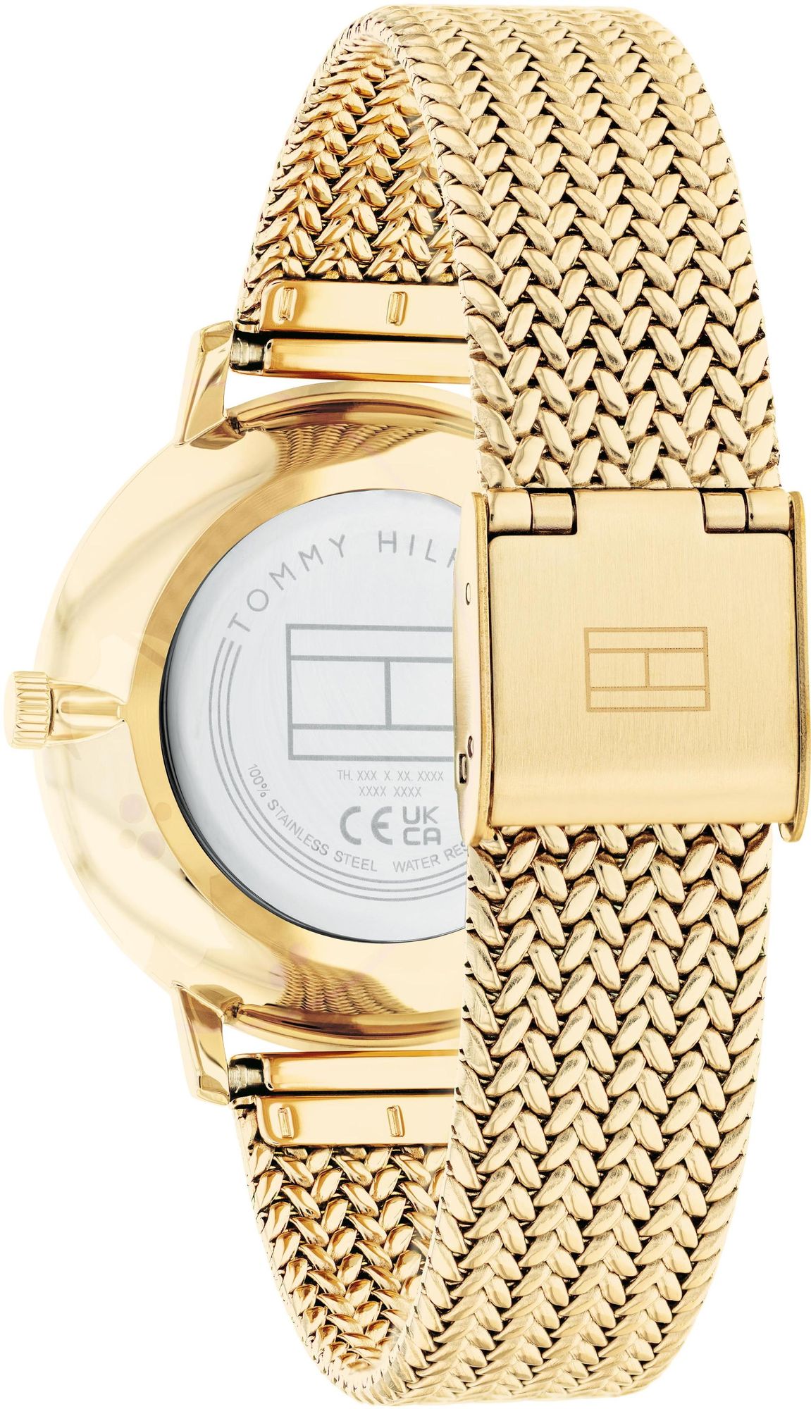 Tommy Hilfiger Classic watch caseback showing gold-tone case and mesh bracelet detail