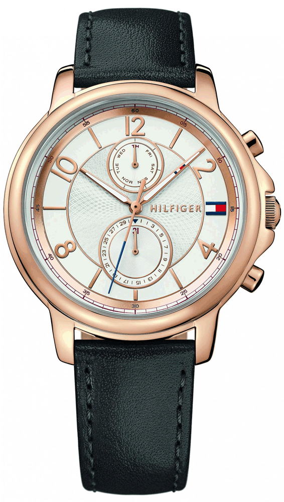 Tommy Hilfiger Claudia women's watch with white dial, rose gold case, chronograph subdials, and black leather strap