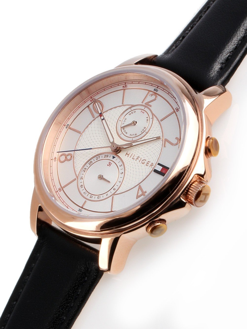 Side profile of Tommy Hilfiger Claudia watch with black leather strap and rose gold case