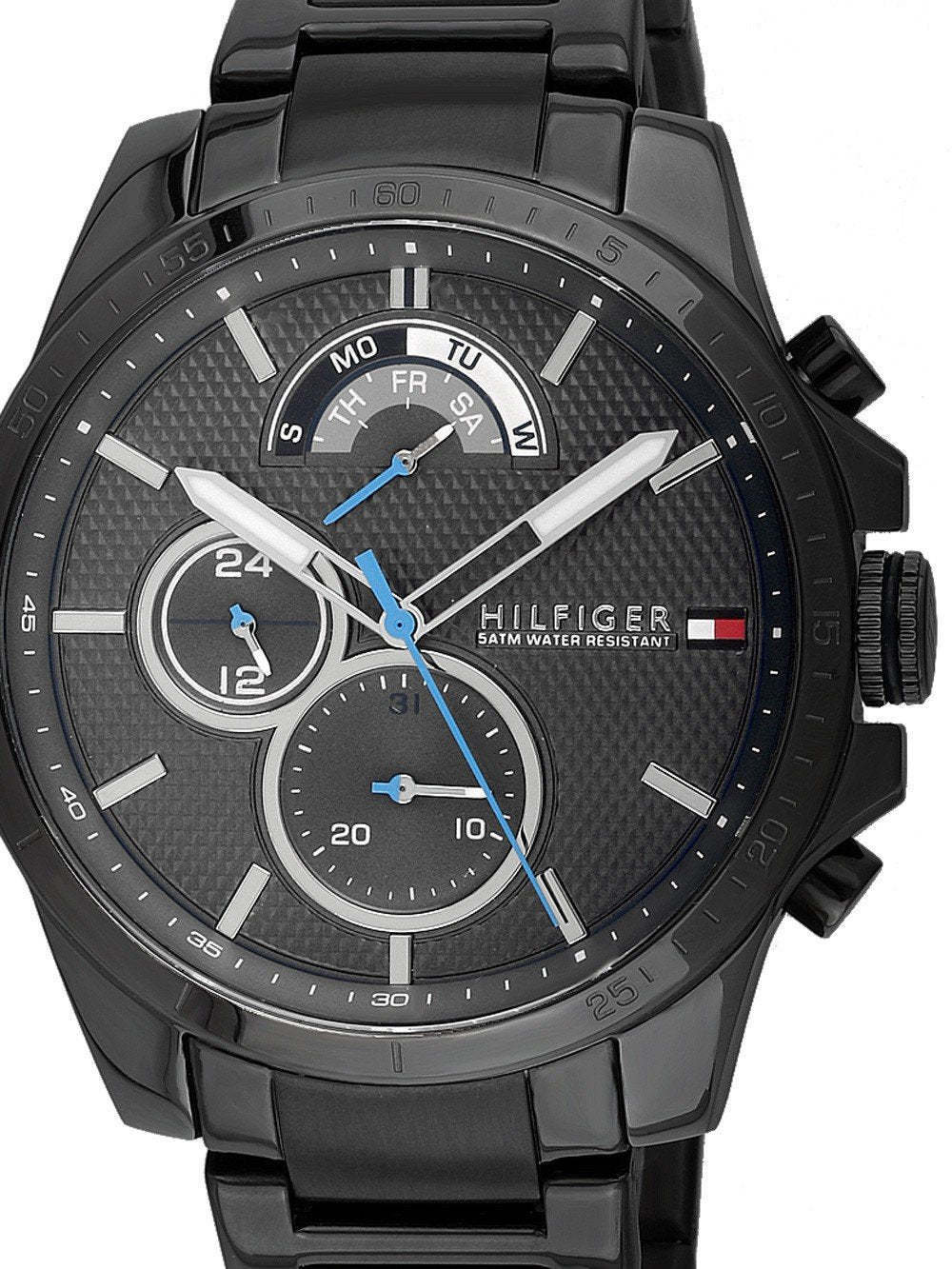 Close-up of Tommy Hilfiger Cool Sports chronograph dial with textured black surface and blue hands