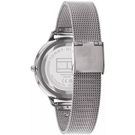 Case back of Tommy Hilfiger Damon watch showing stainless steel caseback and mesh bracelet