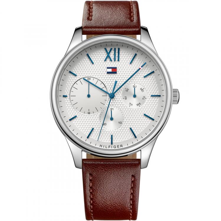 Tommy Hilfiger Damon chronograph men's watch with silver case, white dial, and burgundy leather strap