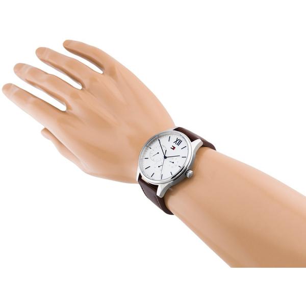 Tommy Hilfiger Damon chronograph watch worn on wrist with white dial