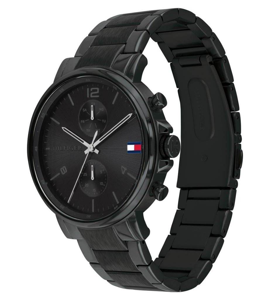 Tommy Hilfiger Daniel black steel men's watch angled view with metal bracelet