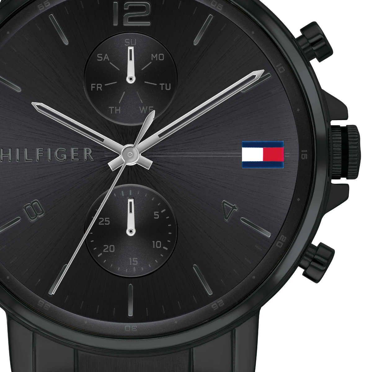Close-up of Tommy Hilfiger Daniel chronograph dial with day-date subdial
