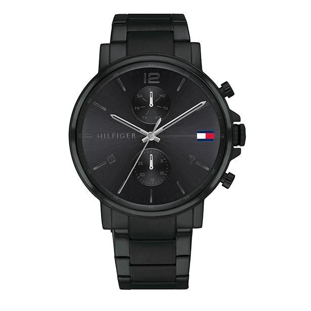 Tommy Hilfiger Daniel black chronograph watch with steel bracelet full view