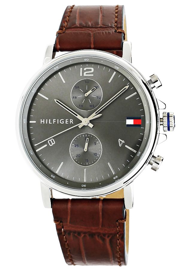 Side angle view of Tommy Hilfiger Daniel watch showing chronograph pushers and brown leather strap
