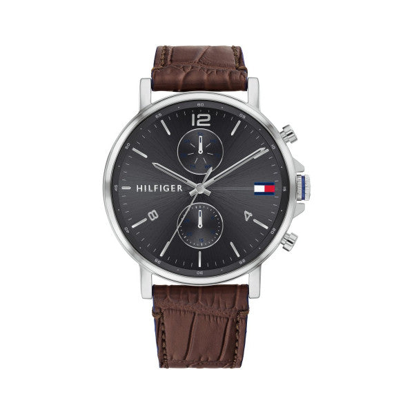 Front view of Tommy Hilfiger Daniel men's watch with dual subdials and grey dial