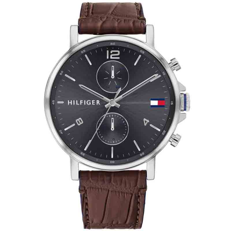 Front view of Tommy Hilfiger Daniel chronograph watch with dark grey dial and brown leather band