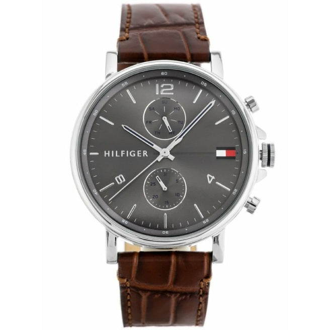 Tommy Hilfiger Daniel watch with grey chronograph dial and embossed brown leather strap