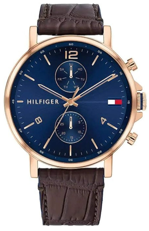 Tommy Hilfiger Daniel men's watch with navy dial, rose gold case, and brown leather strap