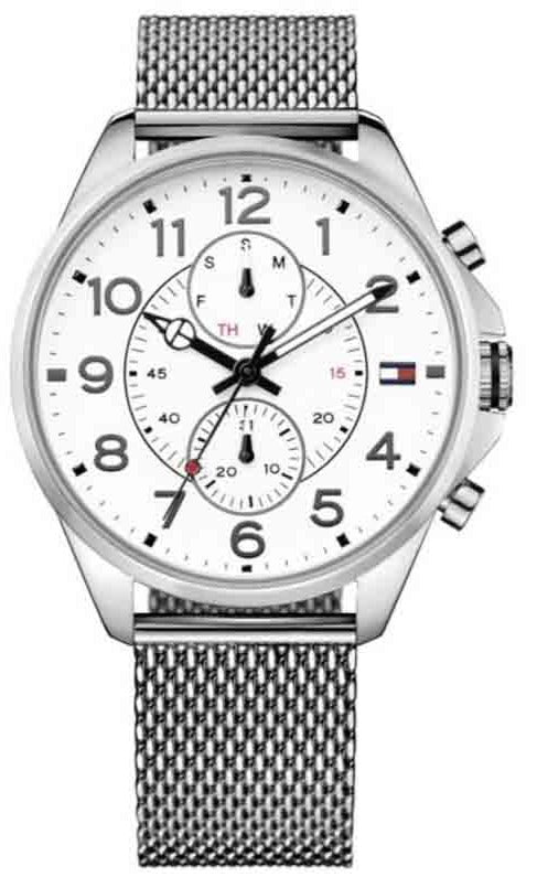 Tommy Hilfiger Dean men's chronograph watch white dial silver mesh bracelet front view