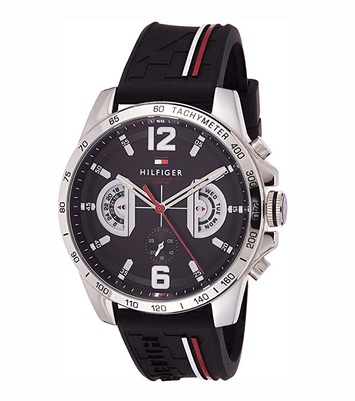 Tommy Hilfiger Decker chronograph watch angled view showing black dial and rubber strap