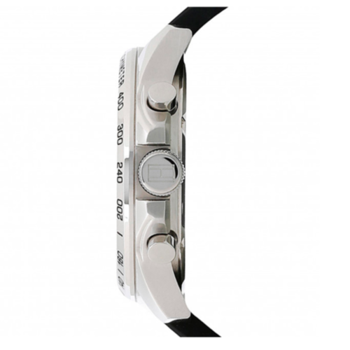 Tommy Hilfiger Decker watch side profile with tachymeter bezel and black rubber strap
