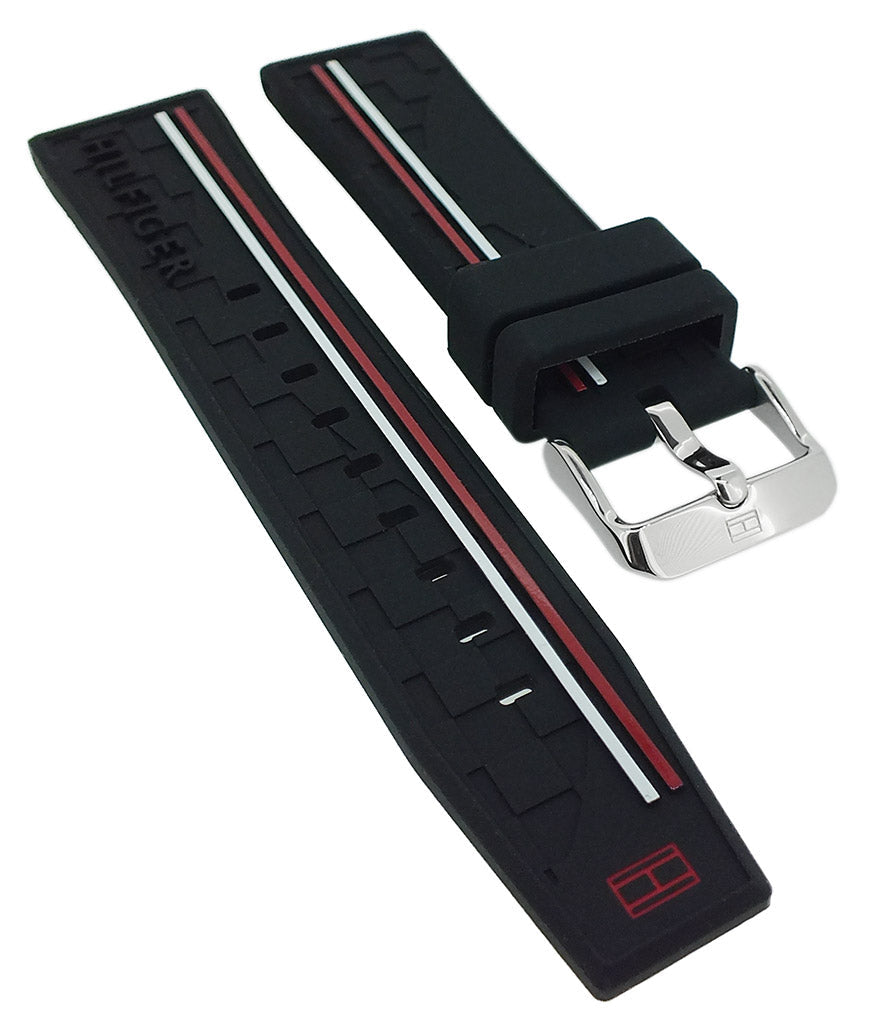 Tommy Hilfiger Decker black rubber strap with red and white stripe detail and metal buckle