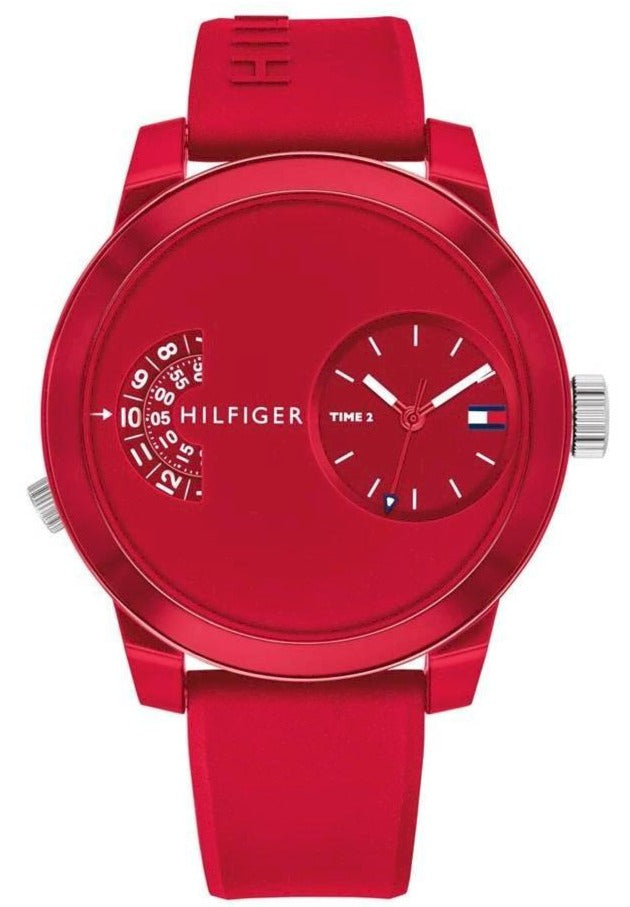 Tommy Hilfiger Denim Sport red dual time watch with round case, dual subdials, and red silicone strap