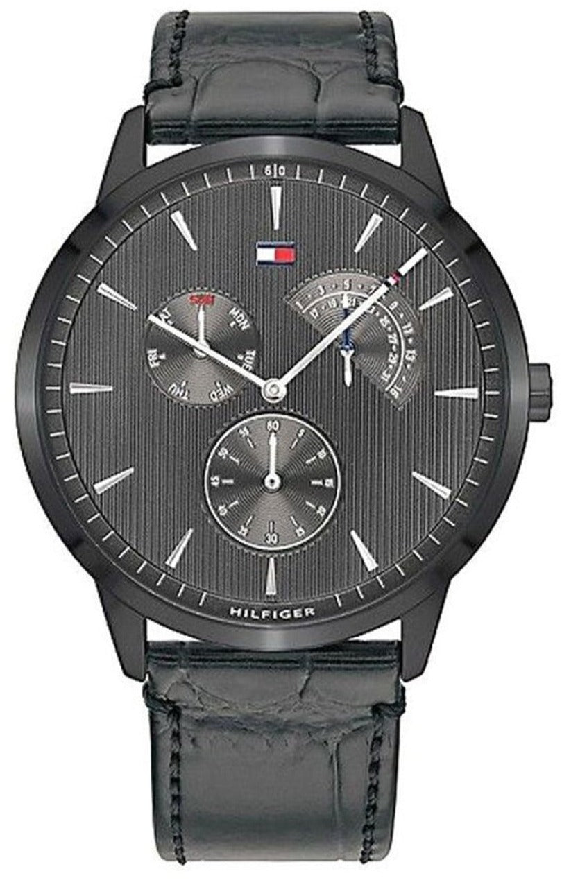 Tommy Hilfiger Dressed Up men's watch with black chronograph dial and leather strap
