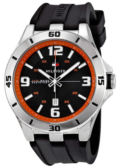Tommy Hilfiger Drew men's watch with orange bezel ring and black dial face