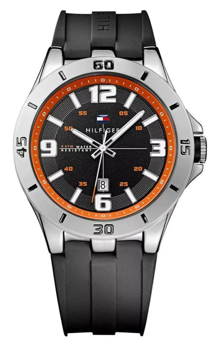 Tommy Hilfiger Drew watch with black dial, orange bezel, and black rubber strap