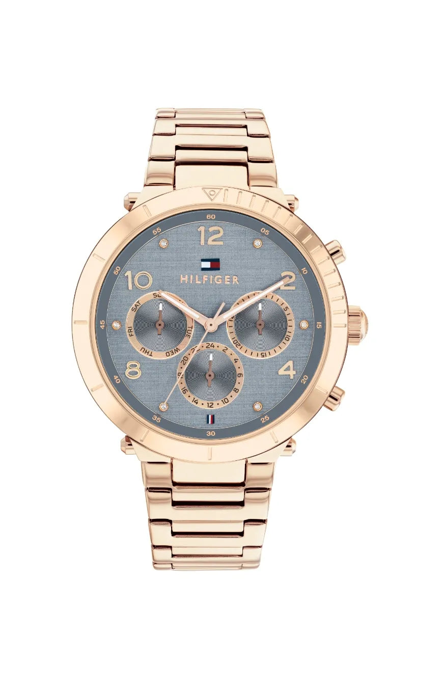 Tommy Hilfiger Emery women's watch with rose gold case, blue dial, chronograph subdials, and matching bracelet