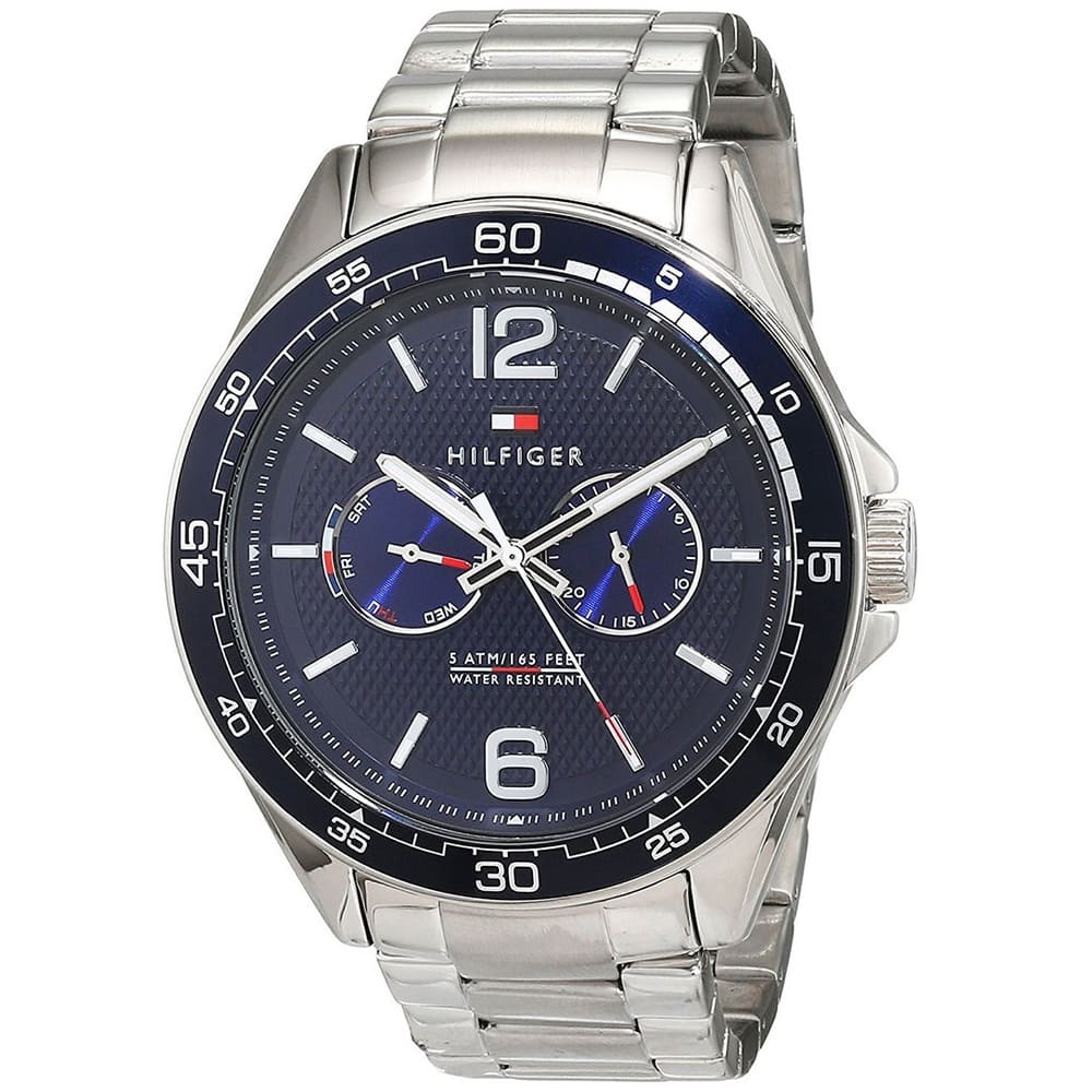 Tommy Hilfiger Erik watch showing multi-dial chronograph design and metal band from side angle