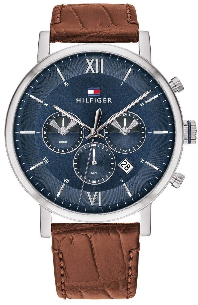 Tommy Hilfiger Evan men's watch with navy blue chronograph dial and brown leather strap
