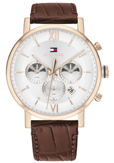 Tommy Hilfiger Evan watch with white dial, rose gold case, and brown leather strap